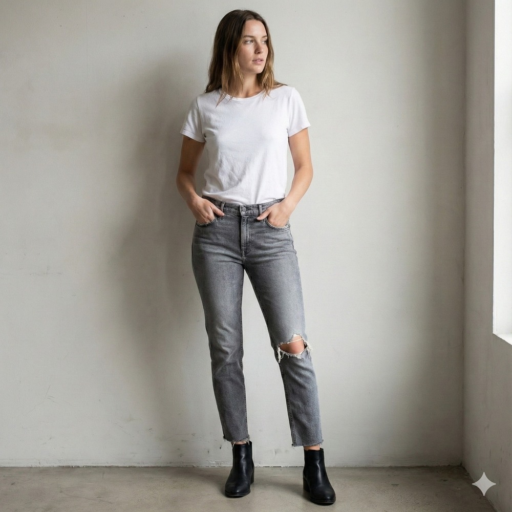 Mother Superior The Flirt Jeans Womens 26 Gray Wash‎ Knee Rip Straight Hell Yeah
